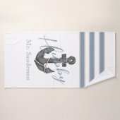 Nautisch Monogram Stoffig Blauw Bloemen Anker Stra Badhanddoek (Badhanddoek)
