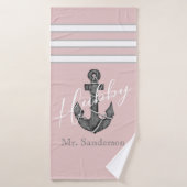 Nautisch Monogram Stoffig Roos Roze Bloemen Anker Badhanddoek (Badhanddoek)
