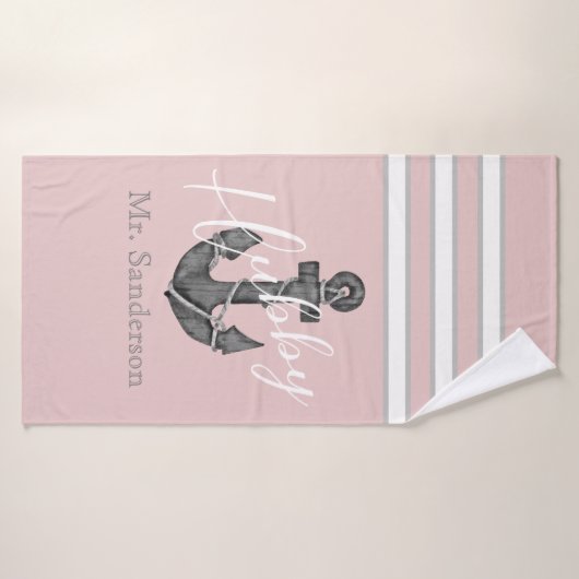 Nautisch Monogram Stoffig Roos Roze Bloemen Anker Badhanddoek (Badhanddoek)