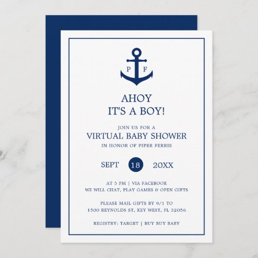 Nautisch monogram virtueel Baby shower-jongen Kaart (Voorkant / Achterkant)