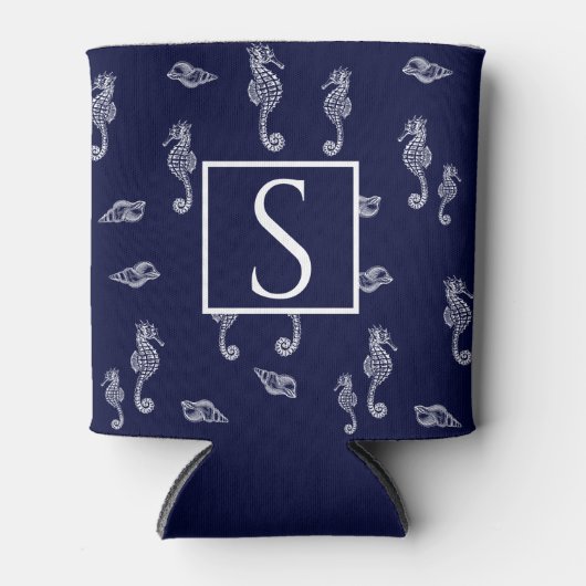 Nautisch monogram Zeepaardenschelp Navy Blue White Blikjeskoeler (Voorkant)