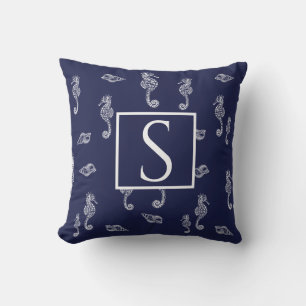 Nautisch monogram Zeepaardenschelp Navy Blue White Buitenkussen