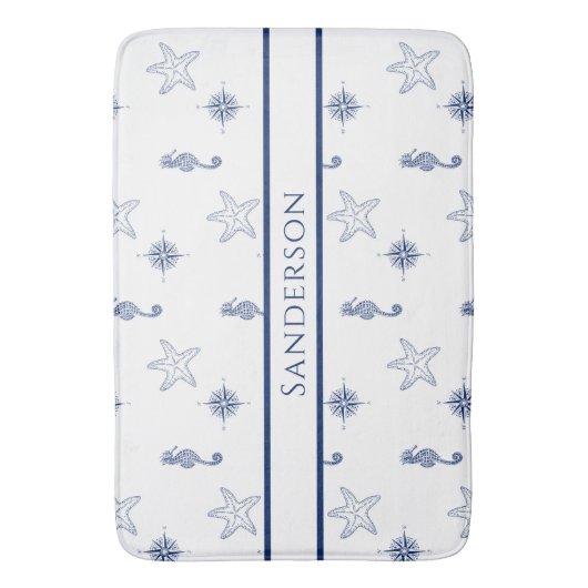 Nautisch monogram Zeepaardje Zeesterren Marine Bla Badmat (Voorkant Verticaal)