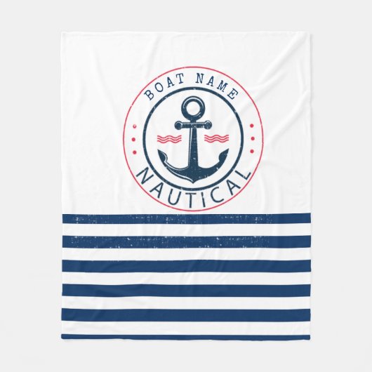 Nautisch, naam van de boot, blauwe strepen van de  fleece deken (Voorkant)