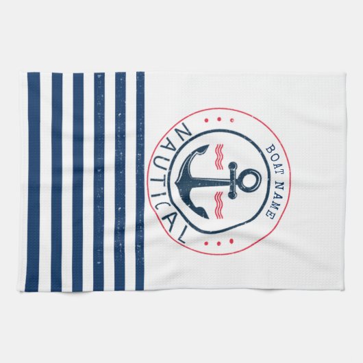 Nautisch, naam van de boot, blauwe strepen van de  theedoek (Horizontaal)