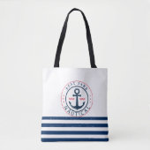 Nautisch, naam van de boot, blauwe strepen van de  tote bag (Voorkant)