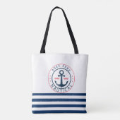 Nautisch, naam van de boot, blauwe strepen van de  tote bag (Achterkant)