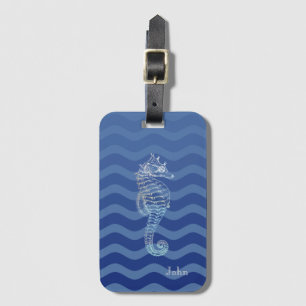 Nautisch Navy Blauwe Streep Golven Zeepaardje Bagagelabel