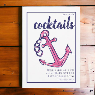Nautisch Navy en Roze Anker Cocktailparty Kaart