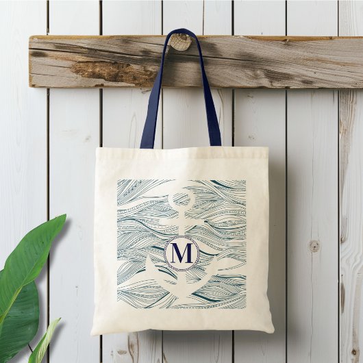 Nautisch Navy en Witte Anker Monogram Tote Bag