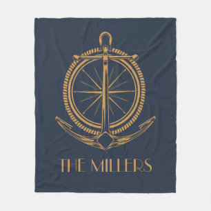 Nautisch ontwerp met gouden kompas en anker fleece deken