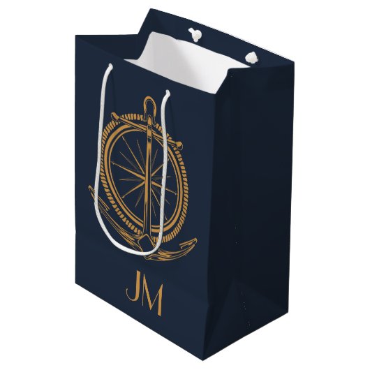 Nautisch ontwerp met gouden kompas en anker medium cadeauzakje (Voorkant Gekanteld)