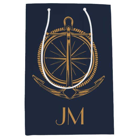 Nautisch ontwerp met gouden kompas en anker medium cadeauzakje (Voorkant)