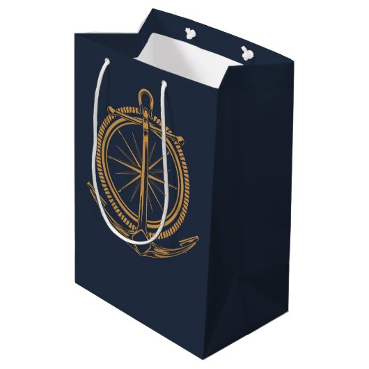 Nautisch ontwerp met gouden kompas en anker medium cadeauzakje (Achterkant Gekanteld)