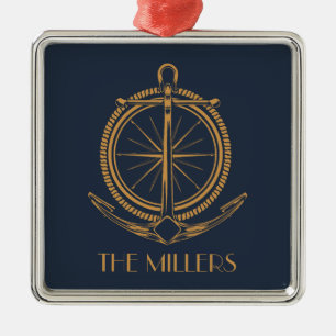 Nautisch ontwerp met gouden kompas en anker metalen ornament