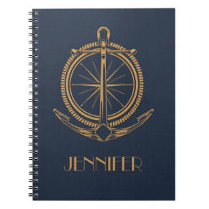 Nautisch ontwerp met gouden kompas en anker notitieboek