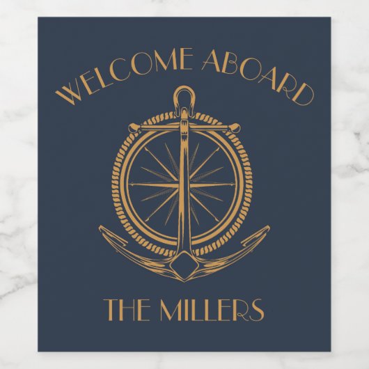 Nautisch ontwerp met gouden kompas en anker wijn etiket (Enkel label)