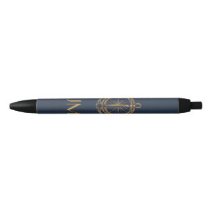 Nautisch ontwerp met gouden kompas en anker zwarte inkt pen