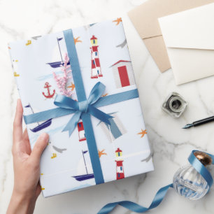 Nautisch ontwerp met vuurtoren en anker voor de ku cadeaupapier
