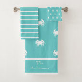 Nautisch ontwerp met witte krab op Blauwgroen blau Bad Handdoek (Insitu)