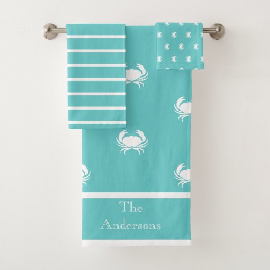 Nautisch ontwerp met witte krab op Blauwgroen blau Bad Handdoek (Insitu)