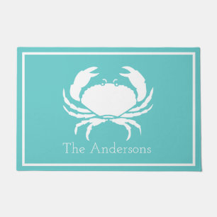 Nautisch ontwerp met witte krab op Blauwgroen blau Deurmat