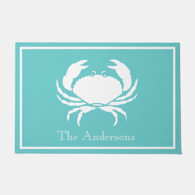 Nautisch ontwerp met witte krab op Blauwgroen blau Deurmat (Voorkant)