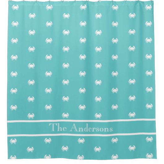 Nautisch ontwerp met witte krab op Blauwgroen blau Douchegordijn (Voorkant)
