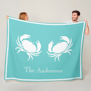 Nautisch ontwerp met witte krab op Blauwgroen blau Fleece Deken