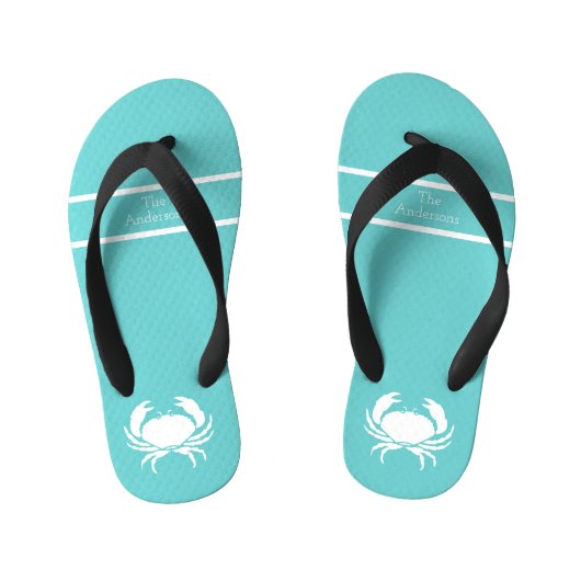 Nautisch ontwerp met witte krab op Blauwgroen blau Kinder Teenslippers (Voetbed)