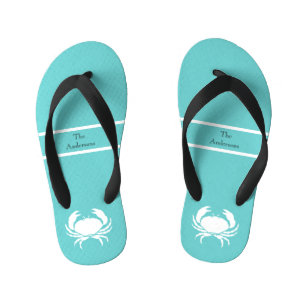 Nautisch ontwerp met witte krab op turquoise blauw kinder teenslippers