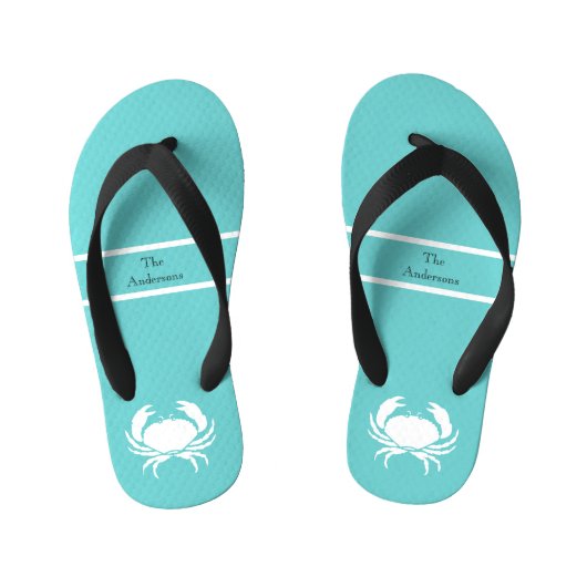Nautisch ontwerp met witte krab op turquoise blauw kinder teenslippers (Voetbed)