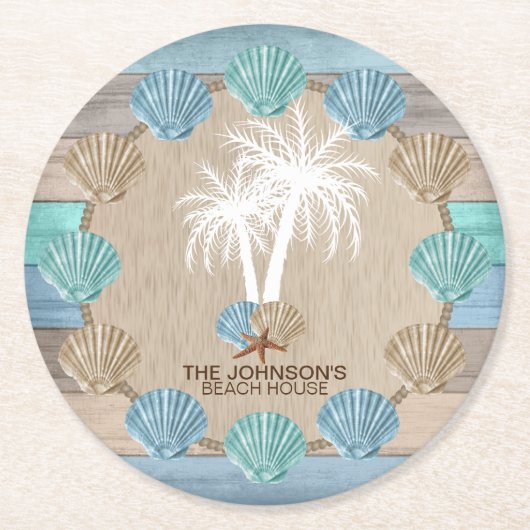 Nautisch ontwerp van elk hout met palmstructuur ronde kartonnen onderzetter (Voorkant)