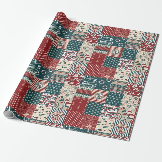 Nautisch patchwork cadeaupapier (Uitgerold)