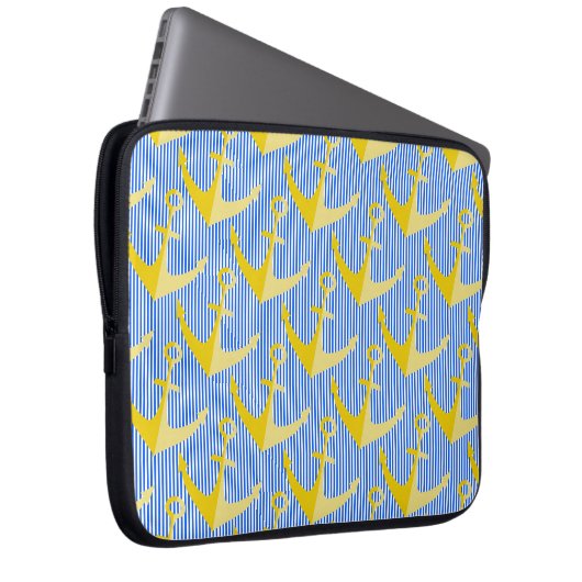 Nautisch patroon geel anker laptop hoesje laptop sleeve (Voorkant Rechts)