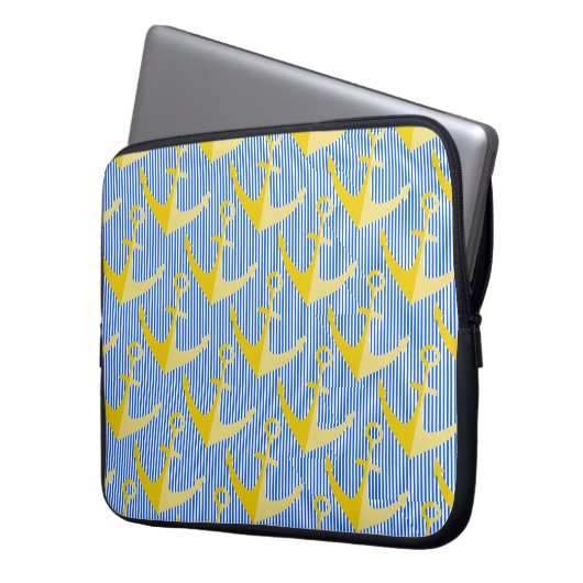Nautisch patroon geel anker laptop hoesje laptop sleeve (Voorkant Links)