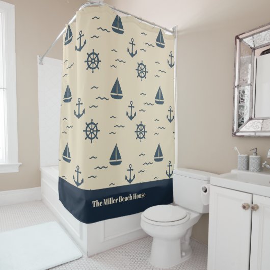 Nautisch patroon met Anker Zeilboot Kompas Douchegordijn (In situ)