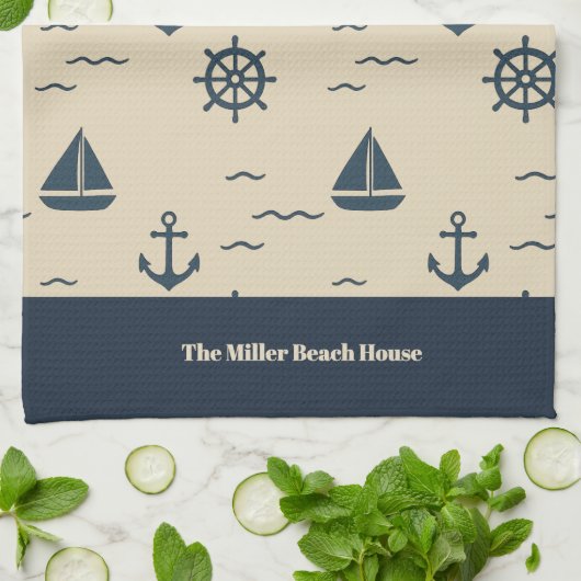 Nautisch patroon met Anker Zeilboot Kompas Theedoek (Gevouwen)