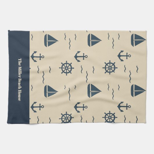 Nautisch patroon met Anker Zeilboot Kompas Theedoek (Horizontaal)