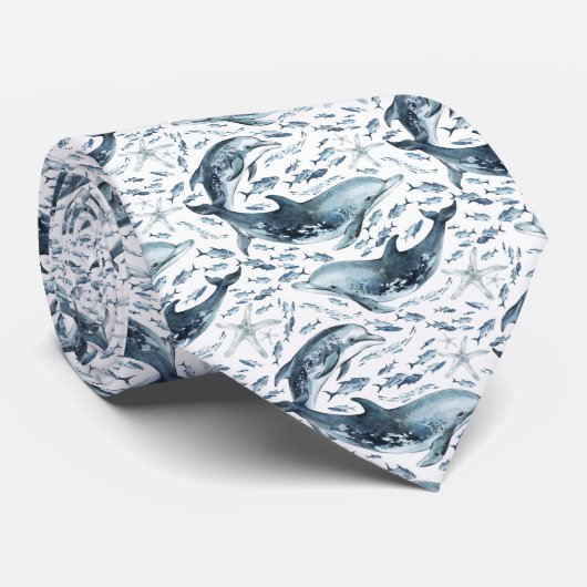 Nautisch patroon met dolfijnen en vissen stropdas (Opgerold)