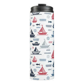 Nautisch patroon met zeilboten en vissen thermosbeker