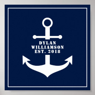 Nautisch Poster, Anker, Personalizale, Blauw Poster