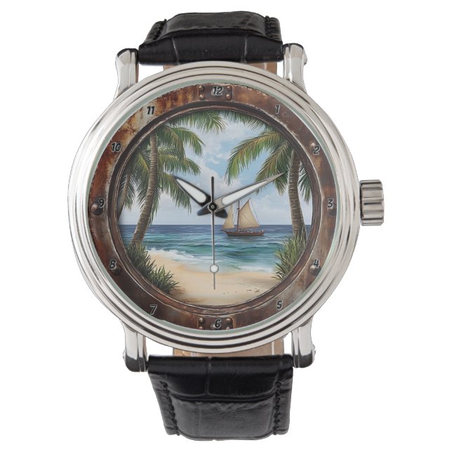Nautisch raam kust retraite rustieke strand horloge (Voorkant)