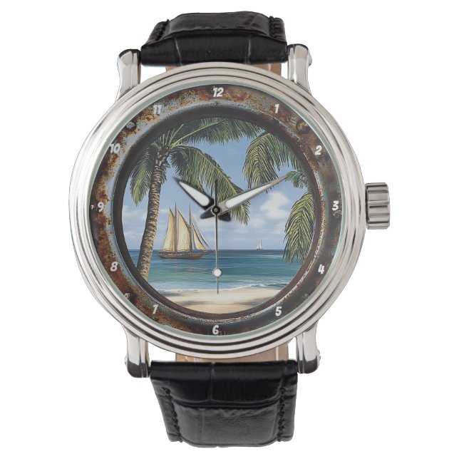 Nautisch raam rustic tropische zeilboot horloge (Voorkant)