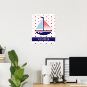Nautisch rode witte en blauwe zeilboot gepersonali poster (Thuiskantoor)