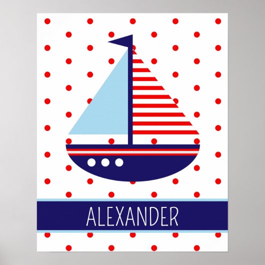 Nautisch rode witte en blauwe zeilboot gepersonali poster (Voorkant)