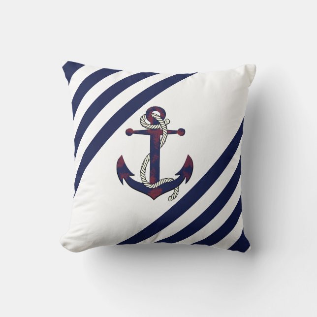Nautisch roestblauw anker/touw/blauw/witte streep kussen (Voorkant)