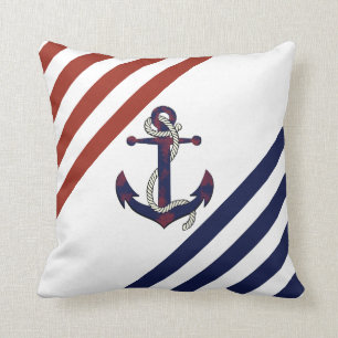 Nautisch roestblauw anker/touw/rode/witte streep kussen