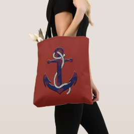 Nautisch roestblauw marineveranker en touw/rood tote bag