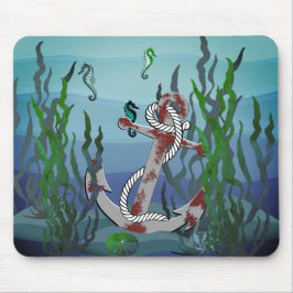 Nautisch roestgrijs anker/zeewier/schelpen/zeepaar muismat